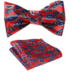 Hot Red Blue Pailsey Mens Silk Self tie Bow Tie with Pocket Squares Set - Amedeo Exclusive