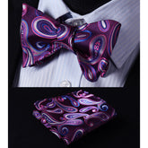 Purple Blue Paisley Mens Silk Self tie Bow Tie with Pocket Squares Set - Amedeo Exclusive