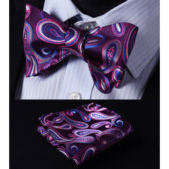 Purple Blue Paisley Mens Silk Self tie Bow Tie with Pocket Squares Set - Amedeo Exclusive