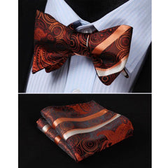 Men's Silk Orange Paisley Stripe Self Bow Tie Pocket Handkerchief - Amedeo Exclusive