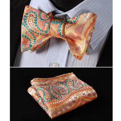 Orage Green Paisley Mens Silk Self tie Bow Tie with Pocket Squares Set - Amedeo Exclusive