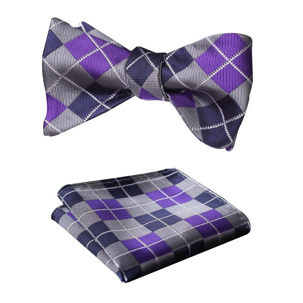 Purple Navy Blue Check Mens Silk Self tie Bow Tie with Pocket Squares Set - Amedeo Exclusive