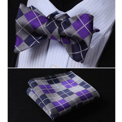 Purple Navy Blue Check Mens Silk Self tie Bow Tie with Pocket Squares Set - Amedeo Exclusive