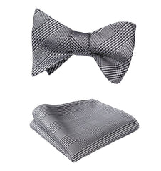 Men's Silk Black White Check Self  Bow Tie Pocket Handkerchief - Amedeo Exclusive