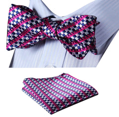 Pink Blue Mens Silk Self tie Bow Tie with Pocket Squares Set - Amedeo Exclusive
