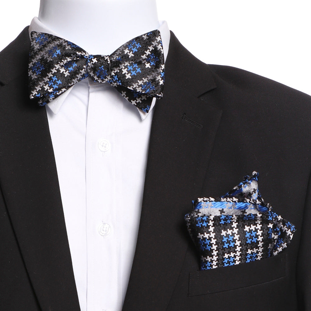 Men's Silk Black White Blue Self Bow Tie - Amedeo Exclusive