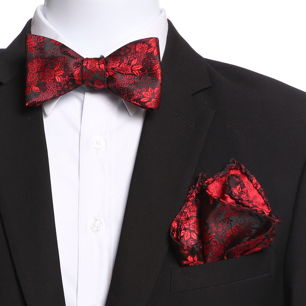 Men's Red And Black Floral Silk Self Bow Tie