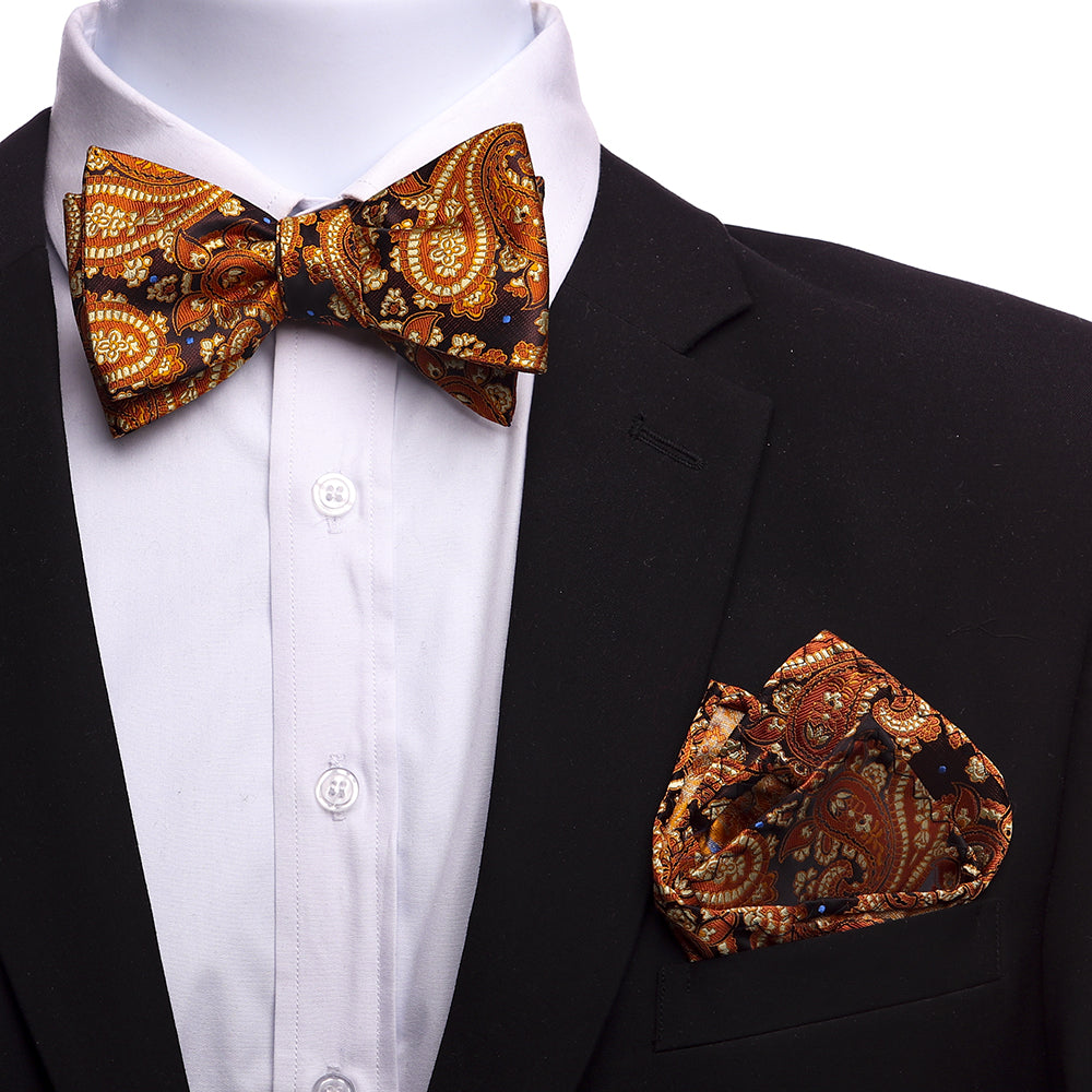 Men's Orange And Gold Paisley Silk Self Bow Tie - Amedeo Exclusive