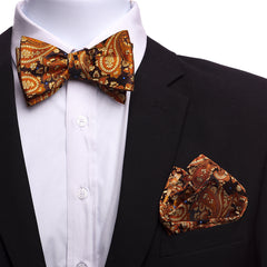 Men's Orange And Gold Paisley Silk Self Bow Tie - Amedeo Exclusive