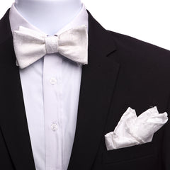 Men's White Floral Self Bow Tie with Handkerchief - Amedeo Exclusive