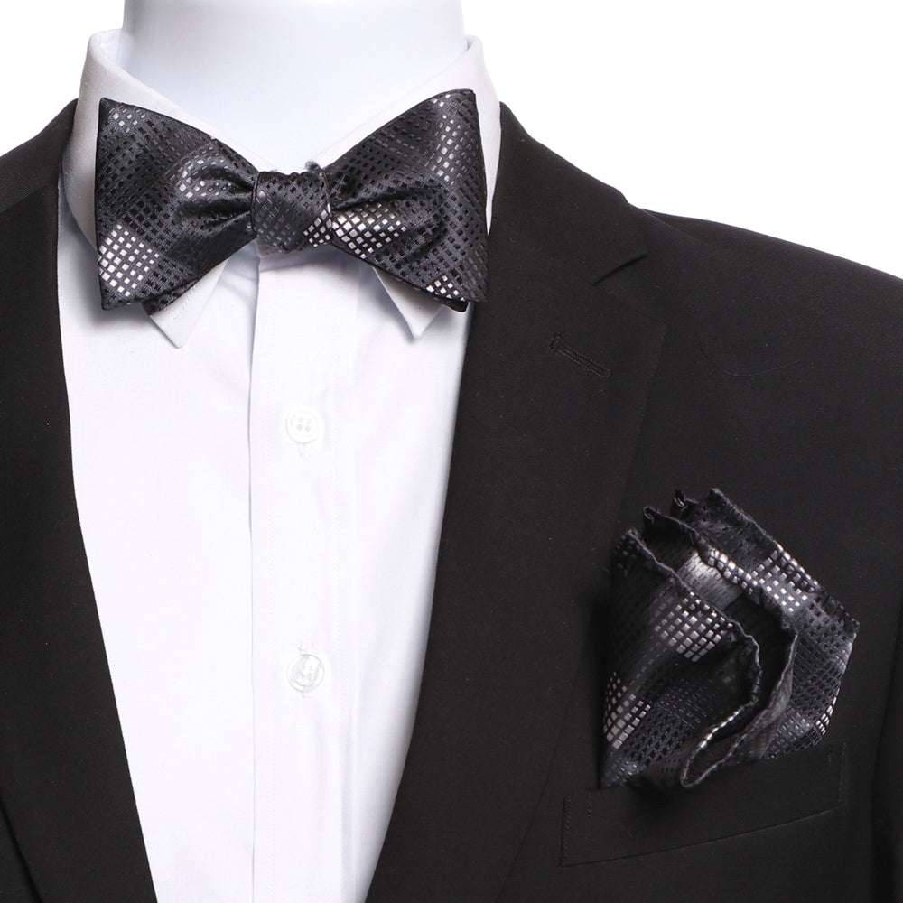 Men's Grey / Black Self Bow Tie with Handkerchief - Amedeo Exclusive