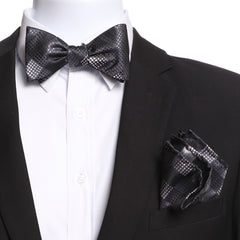 Men's Grey / Black Self Bow Tie with Handkerchief - Amedeo Exclusive