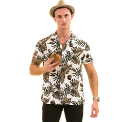 White Printed Tropical European Made & Designed Hawaiian Summer Shirts For Men