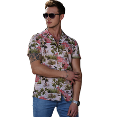 Green Pink Palm Trees European Made & Designed Hawaiian Summer Shirts For Men