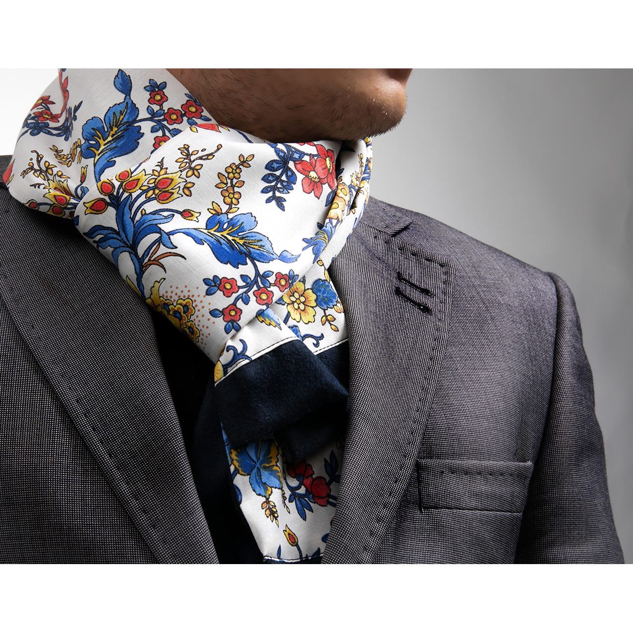 White Multi Color Floral Mens Silk Scarf - Designer neck scarf for