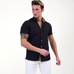 Black and Gold Mens Short Sleeve Button up Shirts - Tailored Slim Fit Cotton Dress Shirts