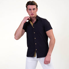Black and Gold Mens Short Sleeve Button up Shirts - Tailored Slim Fit Cotton Dress Shirts
