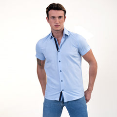 Soft Light Blue Mens Short Sleeve Button up Shirts - Tailored Slim Fit Cotton Dress Shirts