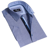 Solid Denim Blue Mens Short Sleeve Button up Shirts - Tailored Slim Fit Cotton Dress Shirts