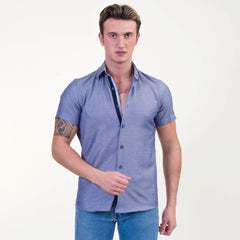 Solid Denim Blue Mens Short Sleeve Button up Shirts - Tailored Slim Fit Cotton Dress Shirts