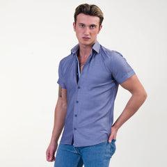 Solid Denim Blue Mens Short Sleeve Button up Shirts - Tailored Slim Fit Cotton Dress Shirts