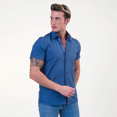 Rich Blue Mens Short Sleeve Button up Shirts - Tailored Slim Fit Cotton Dress Shirts