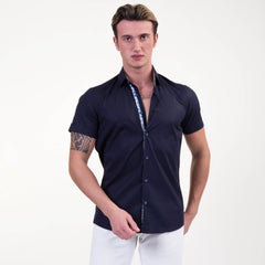 Midnight Blue Mens Short Sleeve Button up Shirts - Tailored Slim Fit Cotton Dress Shirts