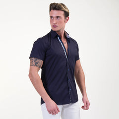 Midnight Blue Mens Short Sleeve Button up Shirts - Tailored Slim Fit Cotton Dress Shirts