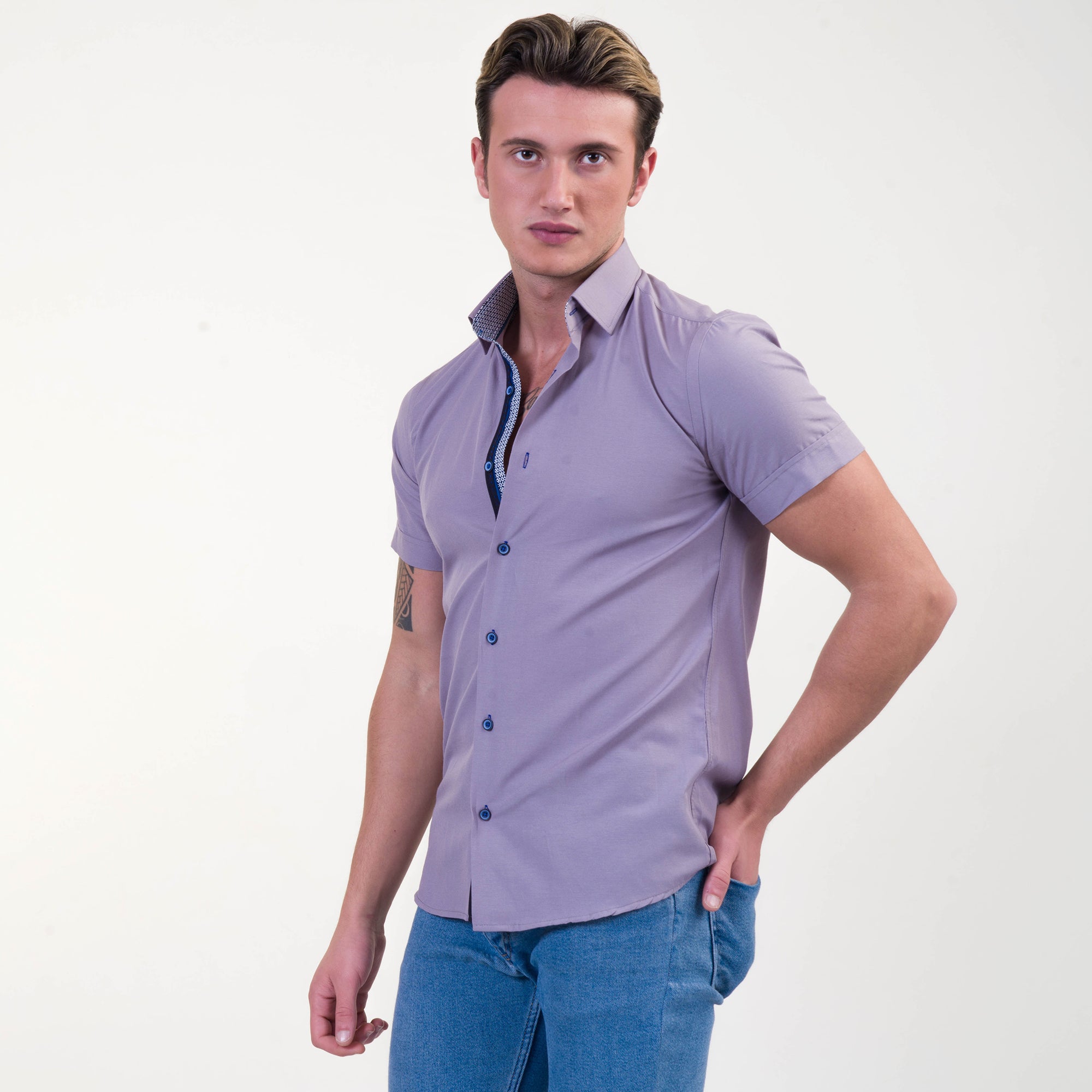 Grayish Blue Mens Short Sleeve Button up Shirts - Tailored Slim Fit Cotton Dress Shirts