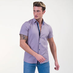 Grayish Blue Mens Short Sleeve Button up Shirts - Tailored Slim Fit Cotton Dress Shirts