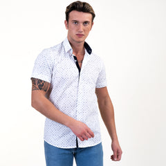 White Blue Dots Mens Short Sleeve Button up Shirts - Tailored Slim Fit Cotton Dress Shirts