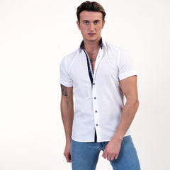 Solid White Mens Short Sleeve Button up Shirts - Tailored Slim Fit Cotton Dress Shirts