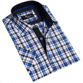 Blue & White Checkered Mens Short Sleeve Button up Shirts - Tailored Slim Fit Cotton Dress Shirts