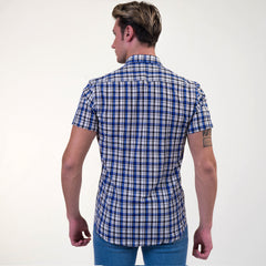 Blue & White Checkered Mens Short Sleeve Button up Shirts - Tailored Slim Fit Cotton Dress Shirts