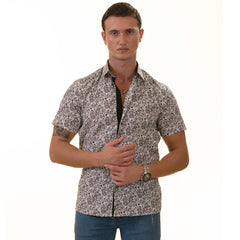 Black & White Paisley Short Sleeve Button up Shirts - Tailored Slim Fit Cotton Dress Shirts