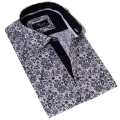 Black & White Paisley Short Sleeve Button up Shirts - Tailored Slim Fit Cotton Dress Shirts