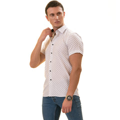 White with Black Printed Paisley  Short Sleeve Button up Shirts - Tailored Slim Fit Cotton Dress Shirts
