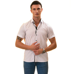 White with Black Printed Paisley  Short Sleeve Button up Shirts - Tailored Slim Fit Cotton Dress Shirts