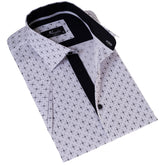 White with Black Printed Paisley Short Sleeve Button up Shirts - Tailored Slim Fit Cotton Dress Shirts