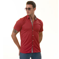 Red with Burgandy interior Paisley  Short Sleeve Button up Shirts - Tailored Slim Fit Cotton Dress Shirts