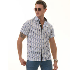 Blue and Navy Leaves Paisley  Short Sleeve Button up Shirts - Tailored Slim Fit Cotton French Cuff Shirts