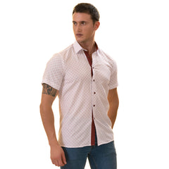 White Printed Shirt | White with Burgany Printed Paisley Short Sleeve Button up Shirts - Tailored Slim Fit Cotton Dress Shirts