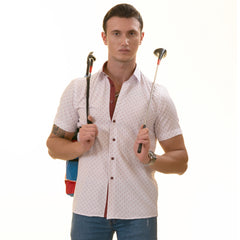 White Printed Shirt | White with Burgany Printed Paisley Short Sleeve Button up Shirts - Tailored Slim Fit Cotton Dress Shirts