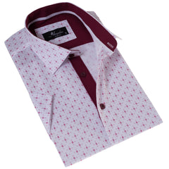 White Printed Shirt | White with Burgany Printed Paisley Short Sleeve Button up Shirts - Tailored Slim Fit Cotton Dress Shirts