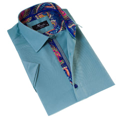 Green inside Purple Paisley Short Sleeve Button up Shirts - Tailored Slim Fit Cotton Dress Shirts