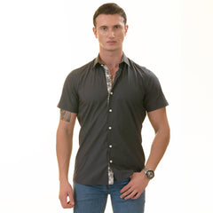 Navy inside Floral Paisley  Short Sleeve Button up Shirts - Tailored Slim Fit Cotton Dress Shirts