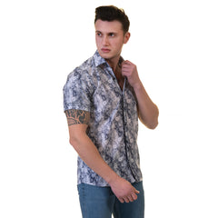 Blue and White Mens Short Sleeve Button up Shirts - Tailored Slim Fit Cotton French Cuff Shirts