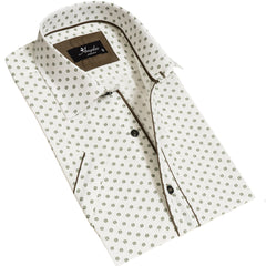 Off White Doted Mens Short Sleeve Button up Shirts - Tailored Slim Fit Cotton Dress Shirts