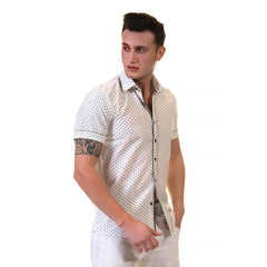 Off White Doted Mens Short Sleeve Button up Shirts - Tailored Slim Fit Cotton Dress Shirts