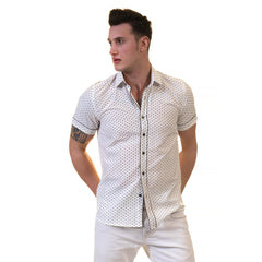 Off White Doted Mens Short Sleeve Button up Shirts - Tailored Slim Fit Cotton Dress Shirts